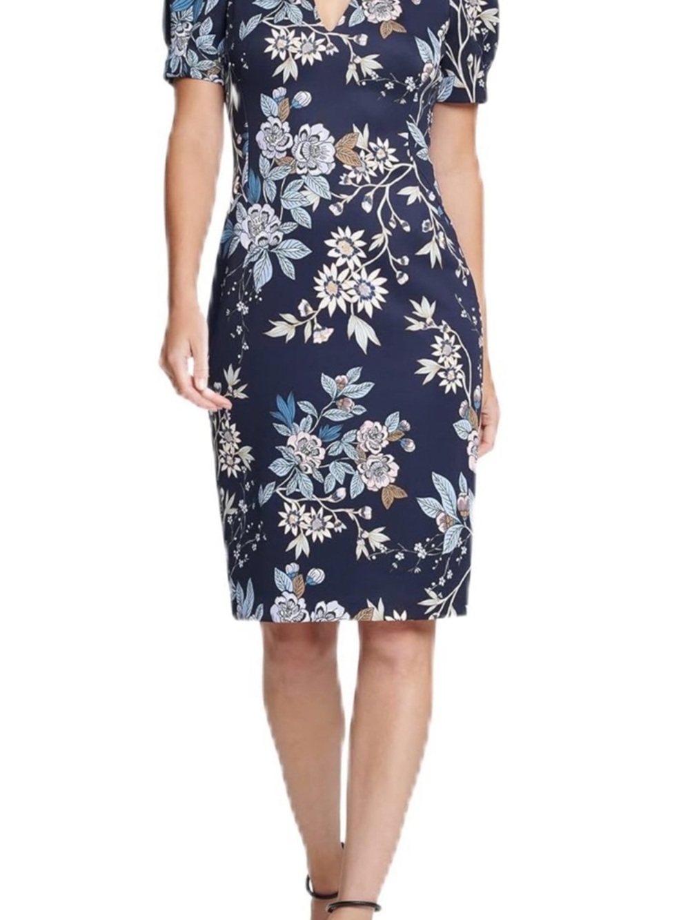 Vince Camuto Black Floral V-Neck Midi Dress with Blue and Pink Accents - Picture 2 of 12